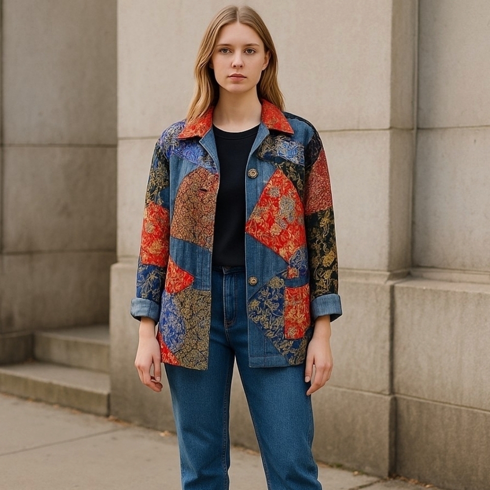Chicos Patchwork Denim Jacket Womens Size Small Boho Jacquard Festival Vintage - Picture 2 of 16